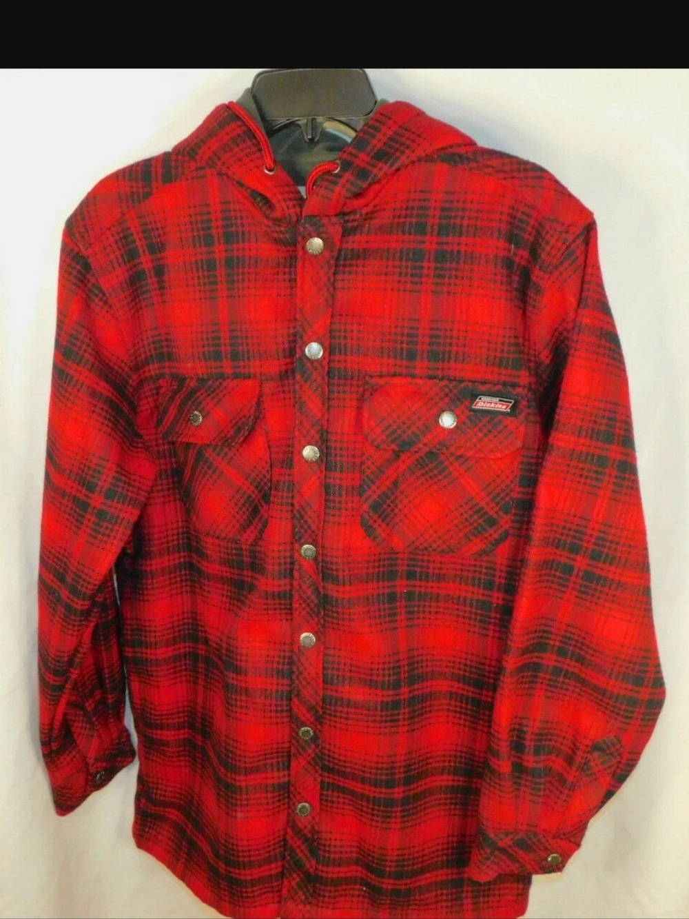 Dickies Men's Red Plaid Flannel Hooded Snap-Up Shirt Jacket